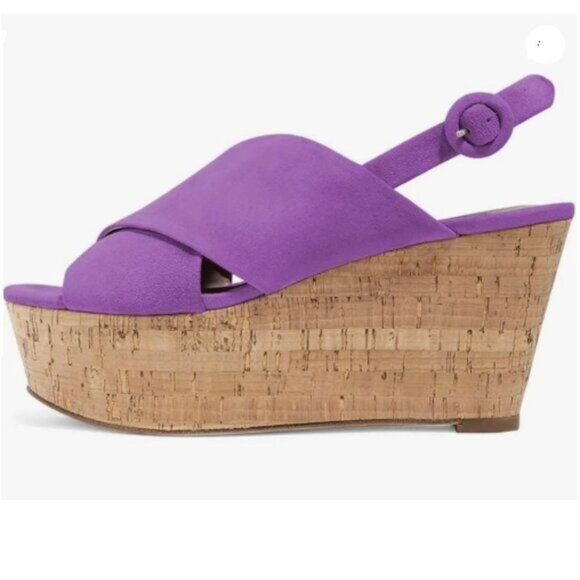 Women Peep Toe Platform Wedge Cork High Heel Slingback Sandals Suede Purple - Picture 1 of 8